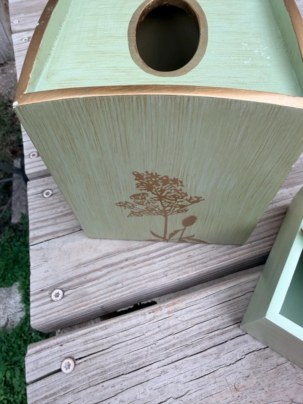 Signed Hand Painted Floral Tissue Box‎ Cover & Trinket Box Set Sage Green Gold